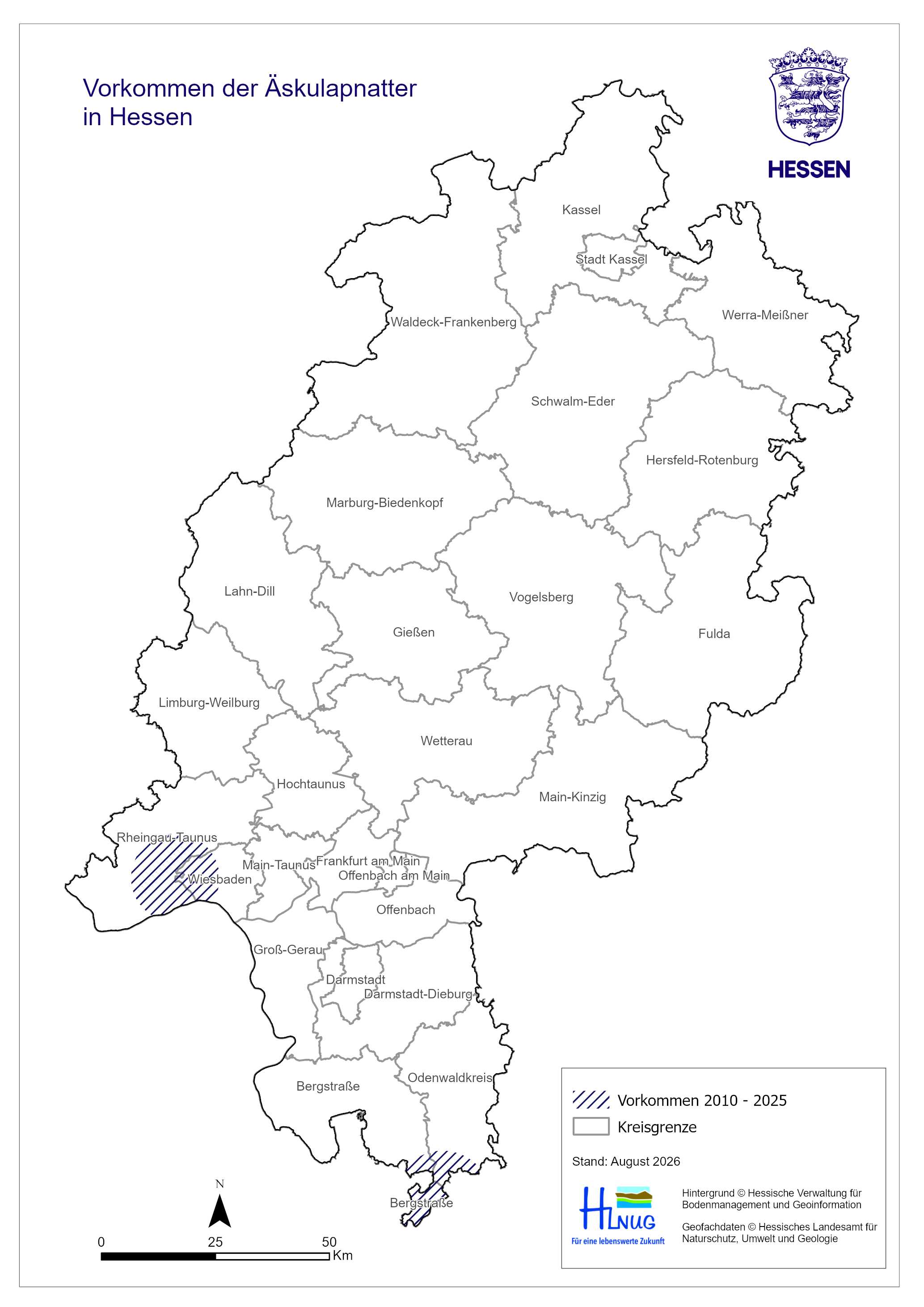 Auf der Karte ist die Verbreitung der Äskulapnatter in Hessen dargestellt.
