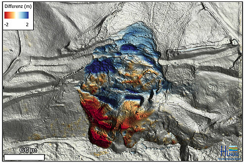 Beispiel einer Differenzenkarte im Bereich einer Hangrutschung nördlich Hirschberg bei Großalmerode