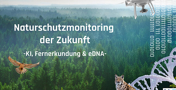 Werbefoto 8. Hessische Landesnaturschutztagung "KI, Fernerkundung & eDNA – Naturschutzmonitoring der Zukunft am 5. November 2024 in Gießen. Neben dem Text sind eine Drohne, Wald, ein Luchs und ein DNA-Strang abgebildet.