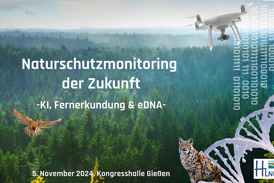 Werbefoto 8. Hessische Landesnaturschutztagung "KI, Fernerkundung & eDNA – Naturschutzmonitoring der Zukunft am 5. November 2024 in Gießen. Neben dem Text sind eine Drohne, Wald, ein Luchs und ein DNA-Strang abgebildet.