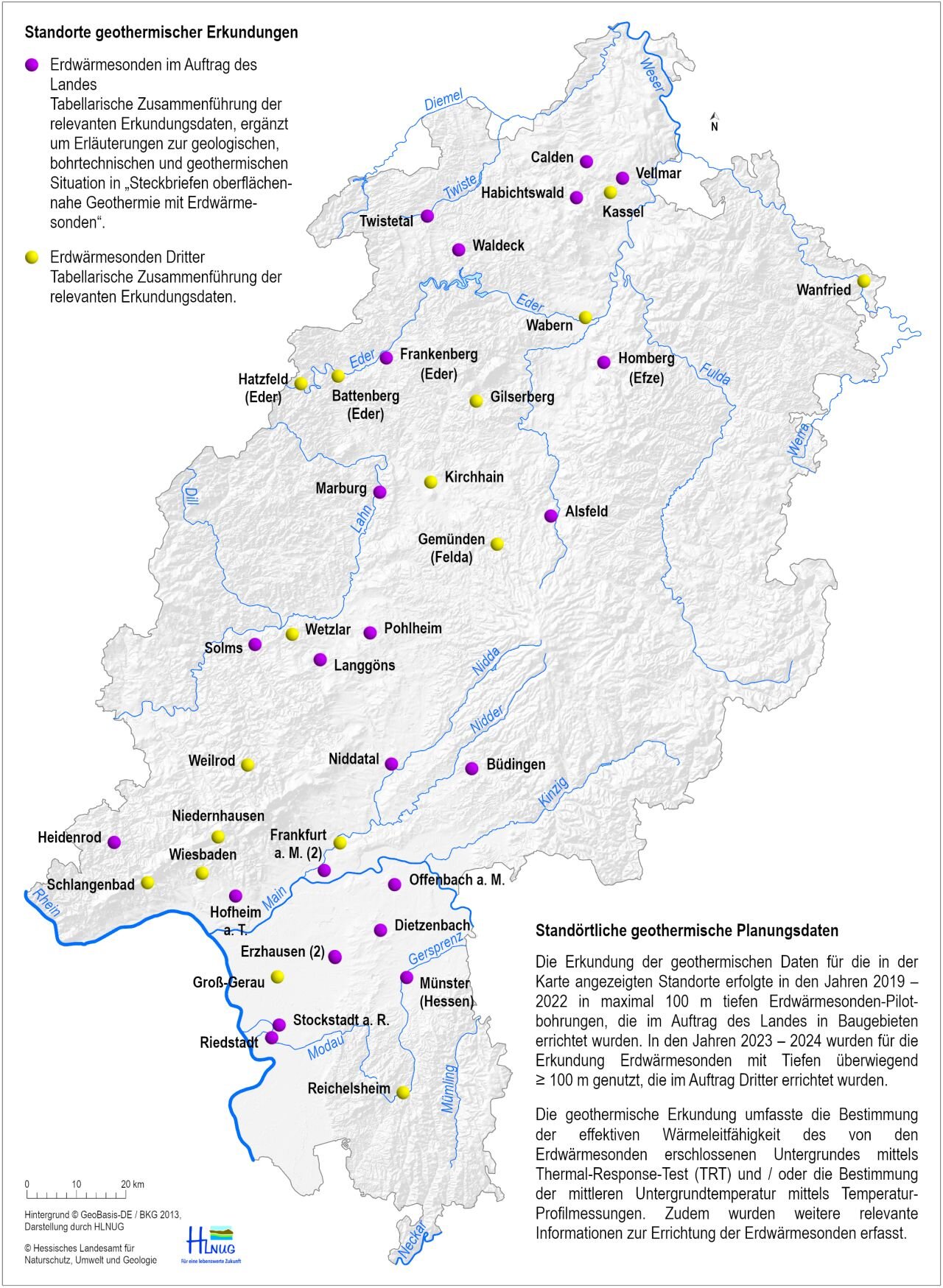 Karte mit Standorten geothermischer Erkundungen und geothermischen Planungsdaten