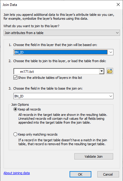 ArcMap: Verknüpfung einer Textdatei über das Feld BN_ID