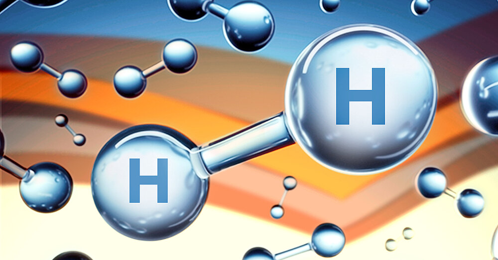 Im Vordergrund der Abbildung sind mehrere Wasserstoffmoleküle zu sehen, die jeweils aus zwei Wasserstoffatomen bestehen. Die Atome sind symbolisch als Kugeln dargestellt und durch gerade Linien verbunden. Der Hintergrund ist in erdigen Farben gehalten und schematisch angedeutet.