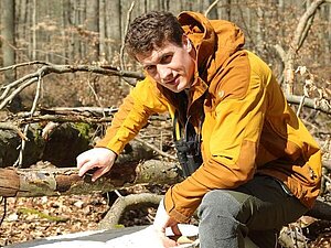 Simon Thorn untersucht Totholz mit gelber Jacke im Wald